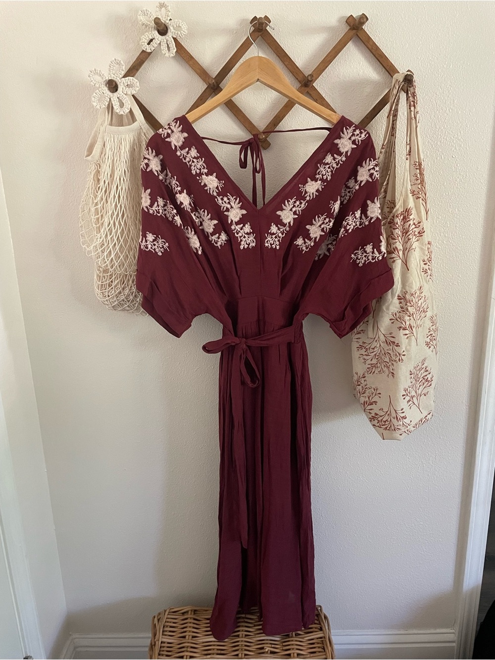 entro Burgundy Maxi Dress with Ivory Floral Embroidery